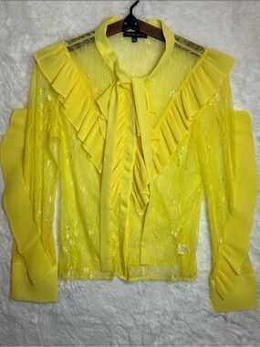 Yellow Ruffle Lace Bow Tie Blouse